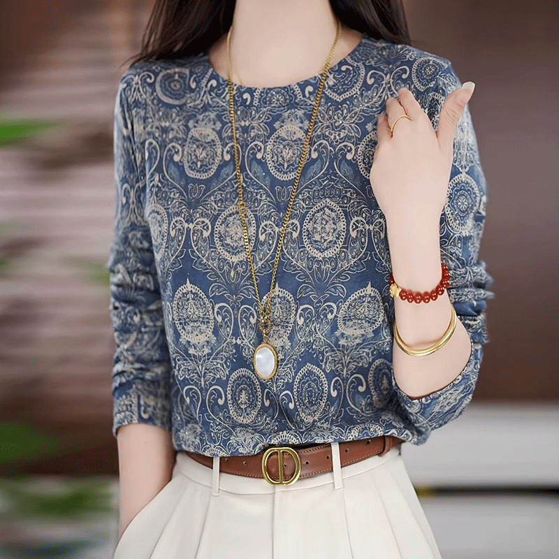 Női hosszú ujjú felső virágmintás, kerek nyakú, poliészter 95%+, városi stílus