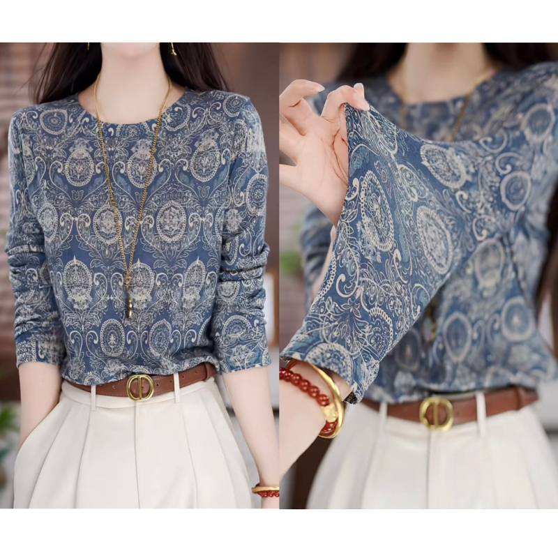 Női hosszú ujjú felső virágmintás, kerek nyakú, poliészter 95%+, városi stílus