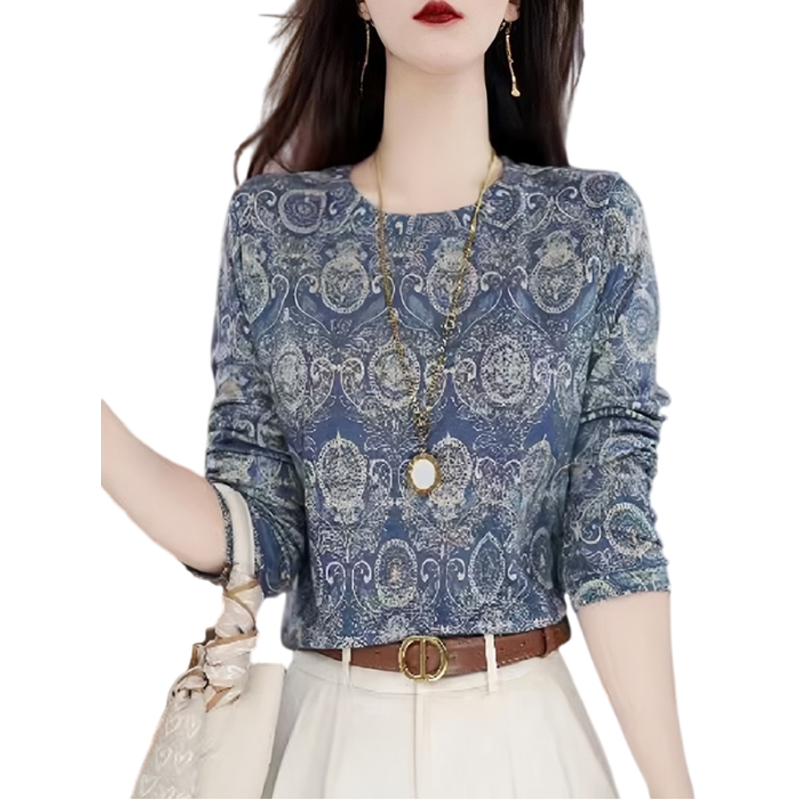 Női hosszú ujjú felső virágmintás, kerek nyakú, poliészter 95%+, városi stílus