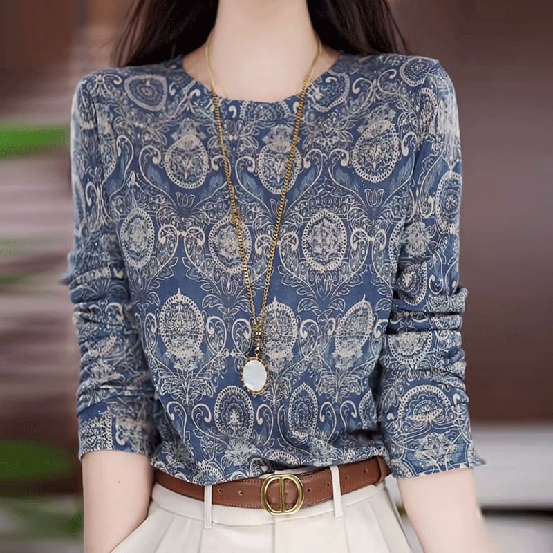 Női hosszú ujjú felső virágmintás, kerek nyakú, poliészter 95%+, városi stílus