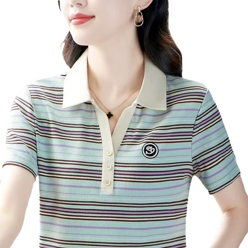 T-shirt kratkih rukava, polo ovratnik, prugasti ili karirani uzorak, poliester 95%+, gradski stil, standardni kroj