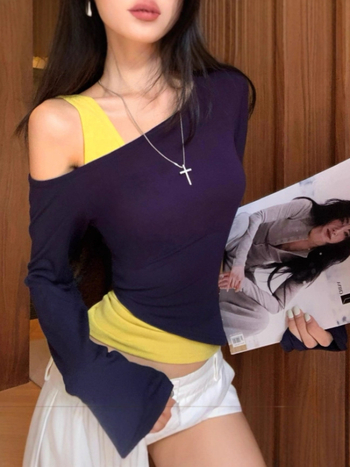 Majica od Rayon-Modal mješavina, asimetričan dizajn, dugi rukav, nagnuti ovratnik, detalj šivanja