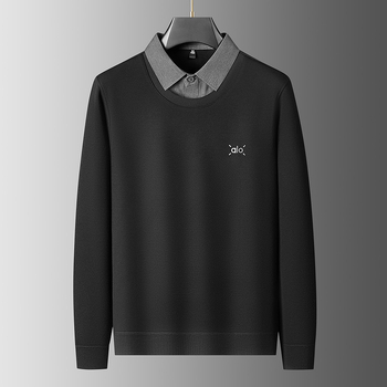 Lažni dvodijelni T-shirt s ovratnikom, fleece podstava, viskozo-poliester smjesa, dugi rukavi za zimu