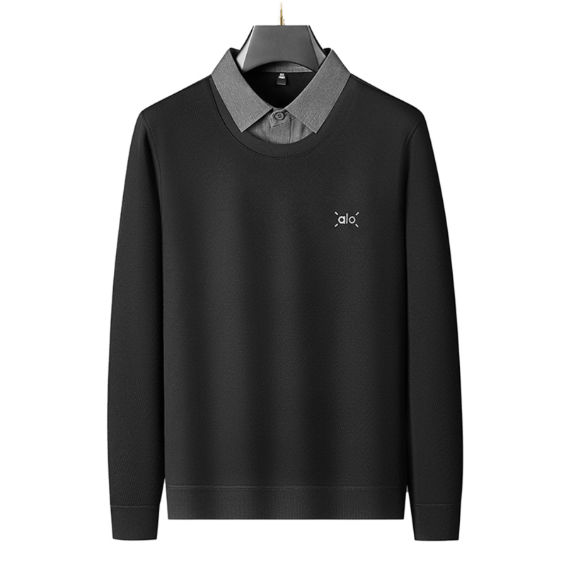 Lažni dvodijelni T-shirt s ovratnikom, fleece podstava, viskozo-poliester smjesa, dugi rukavi za zimu