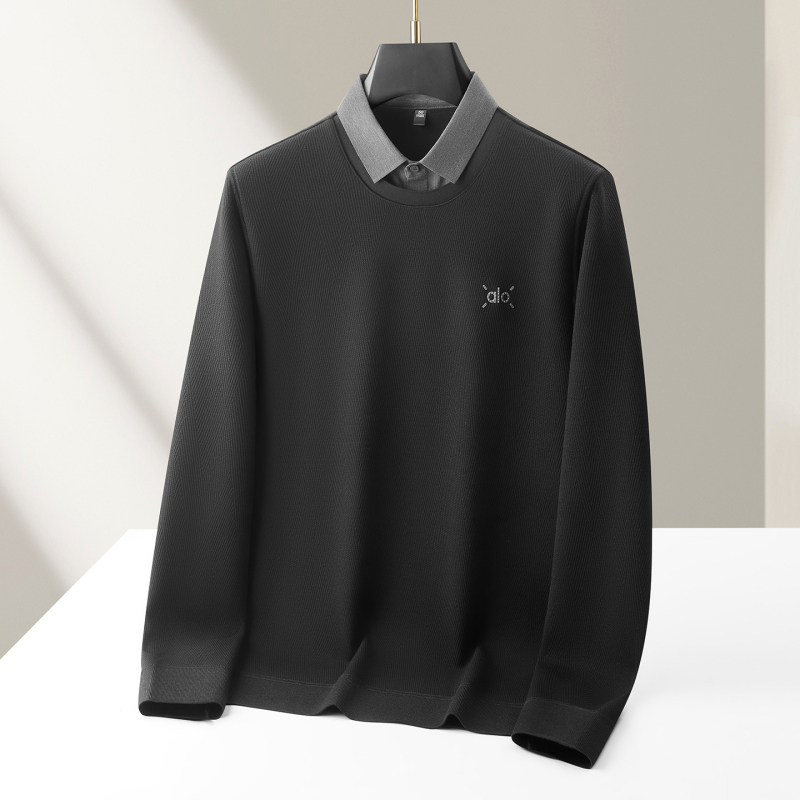 Lažni dvodijelni T-shirt s ovratnikom, fleece podstava, viskozo-poliester smjesa, dugi rukavi za zimu