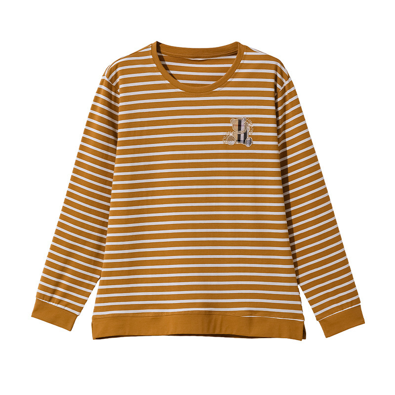 Ženski T‑shirt s dugim rukavima u prugama, slobodan kroj, okrugli izrez, pamuk-elastan, svakodnevni stil, jesen 2025