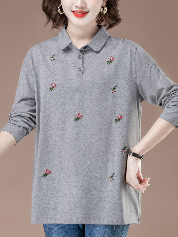 Ženski pamučni T-shirt s polo ovratnikom, dugim rukavima, cvjetni uzorak.