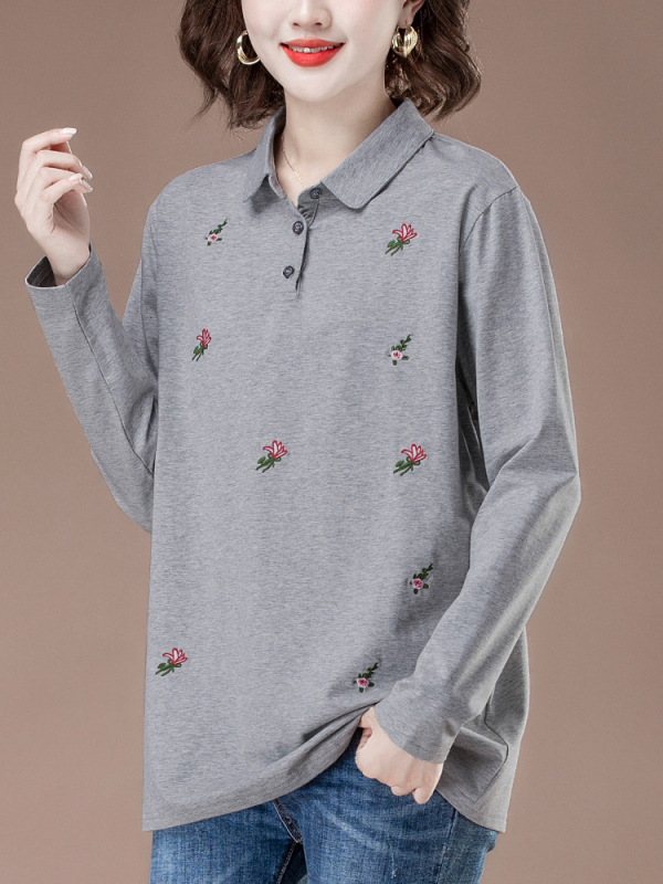 Ženski pamučni T-shirt s polo ovratnikom, dugim rukavima, cvjetni uzorak.