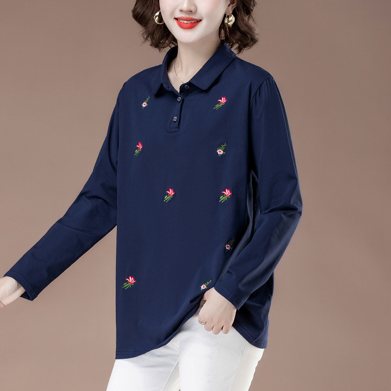 Ženski pamučni T-shirt s polo ovratnikom, dugim rukavima, cvjetni uzorak.