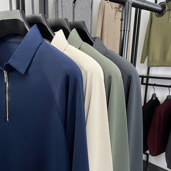 Tricou bărbați cu guler tip lapel și decorativ fermoar, mâneci lungi, croială dreaptă; 96,2% poliester + 3,8% elastan; respirabil, fără cute; primăvară și toamnă; Hunterson