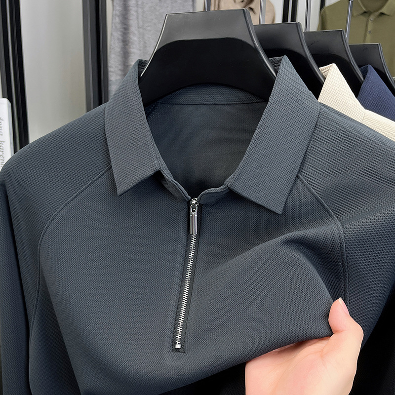 Tricou bărbați cu guler tip lapel și decorativ fermoar, mâneci lungi, croială dreaptă; 96,2% poliester + 3,8% elastan; respirabil, fără cute; primăvară și toamnă; Hunterson