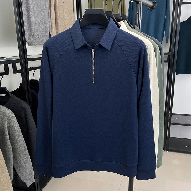 Tricou bărbați cu guler tip lapel și decorativ fermoar, mâneci lungi, croială dreaptă; 96,2% poliester + 3,8% elastan; respirabil, fără cute; primăvară și toamnă; Hunterson