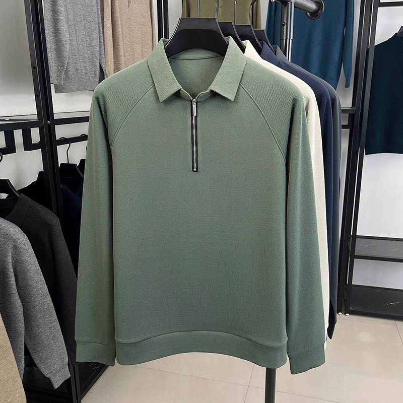 Tricou bărbați cu guler tip lapel și decorativ fermoar, mâneci lungi, croială dreaptă; 96,2% poliester + 3,8% elastan; respirabil, fără cute; primăvară și toamnă; Hunterson