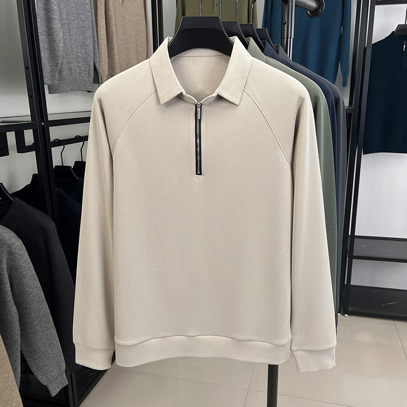 Tricou bărbați cu guler tip lapel și decorativ fermoar, mâneci lungi, croială dreaptă; 96,2% poliester + 3,8% elastan; respirabil, fără cute; primăvară și toamnă; Hunterson