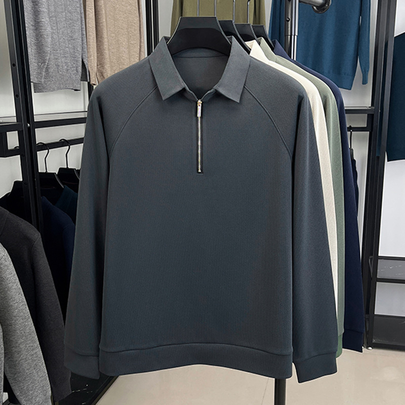 Tricou bărbați cu guler tip lapel și decorativ fermoar, mâneci lungi, croială dreaptă; 96,2% poliester + 3,8% elastan; respirabil, fără cute; primăvară și toamnă; Hunterson