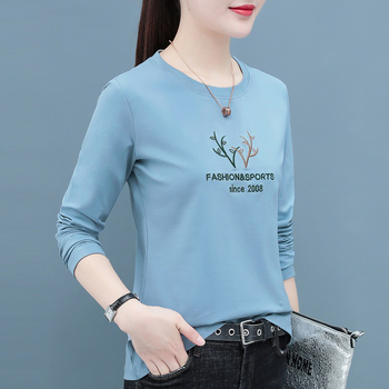 Tricou din bumbac pentru femei, mâneci lungi, broderie, croială lejeră, guler rotund