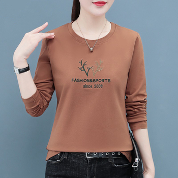 Tricou din bumbac pentru femei, mâneci lungi, broderie, croială lejeră, guler rotund