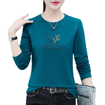 Tricou din bumbac pentru femei, mâneci lungi, broderie, croială lejeră, guler rotund