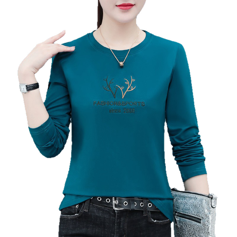 Tricou din bumbac pentru femei, mâneci lungi, broderie, croială lejeră, guler rotund