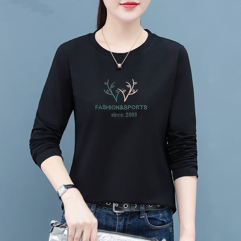 Tricou din bumbac pentru femei, mâneci lungi, broderie, croială lejeră, guler rotund