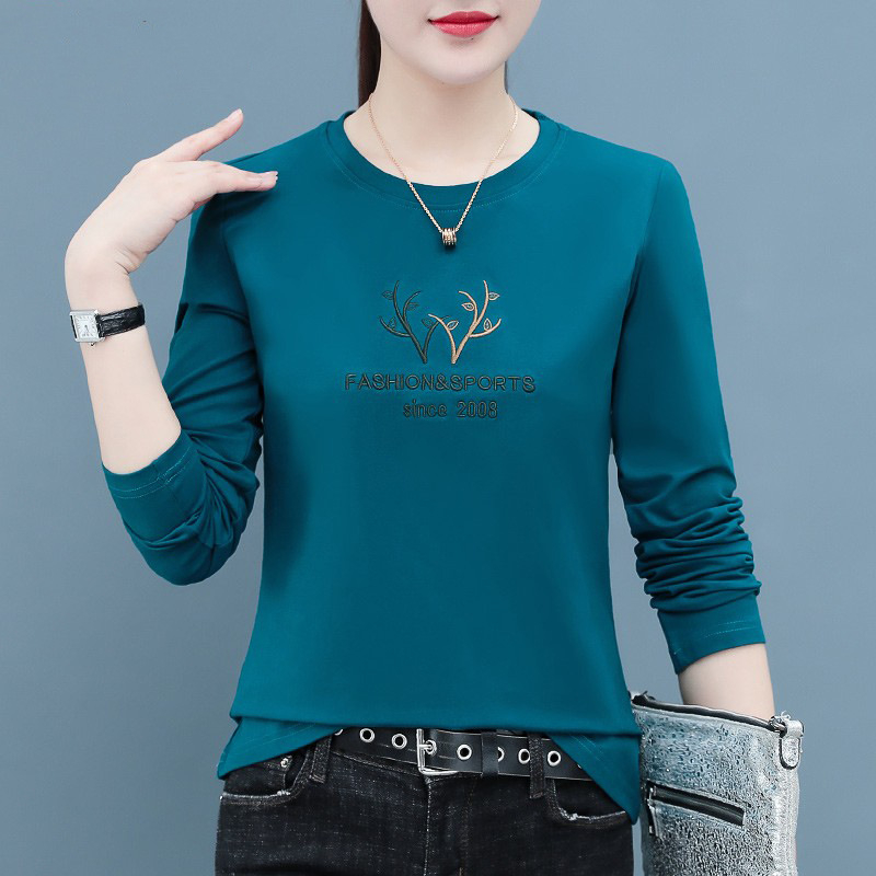 Tricou din bumbac pentru femei, mâneci lungi, broderie, croială lejeră, guler rotund