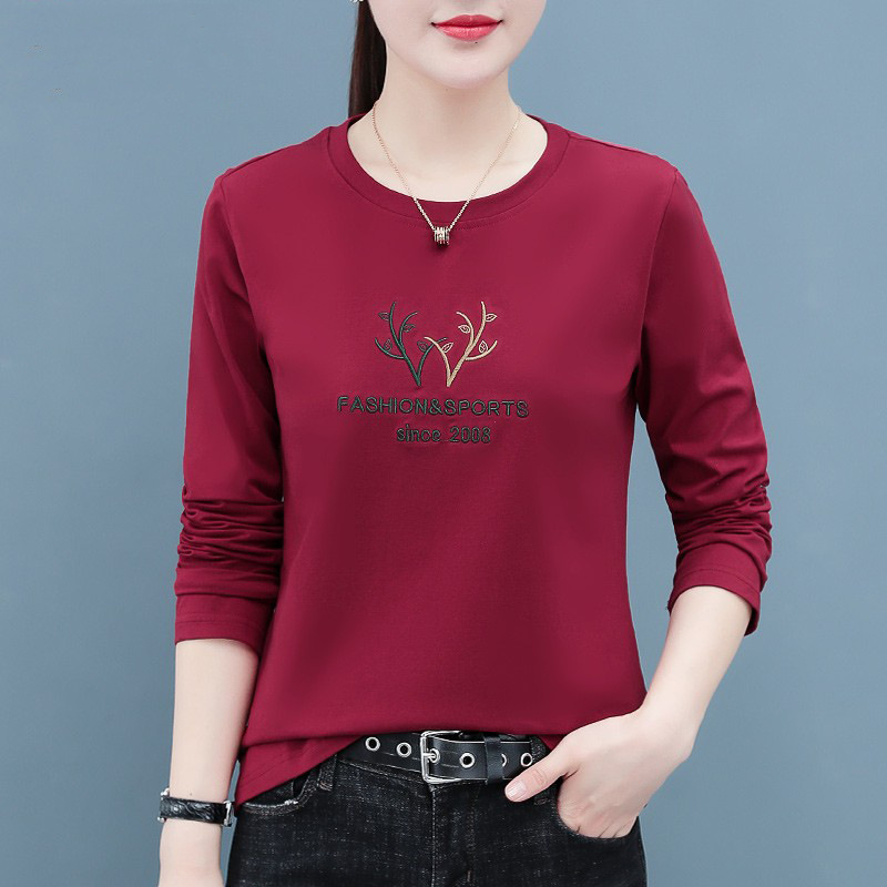 Tricou din bumbac pentru femei, mâneci lungi, broderie, croială lejeră, guler rotund