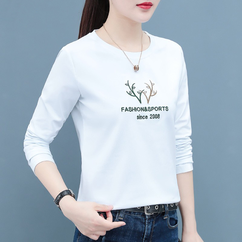 Tricou din bumbac pentru femei, mâneci lungi, broderie, croială lejeră, guler rotund