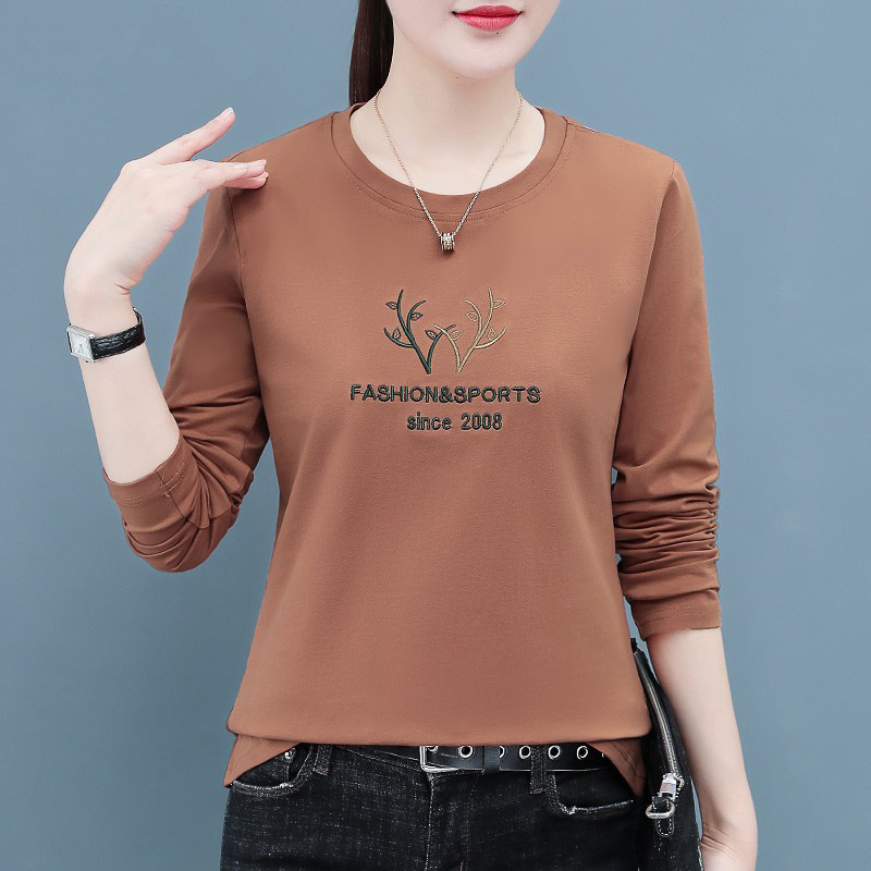 Tricou din bumbac pentru femei, mâneci lungi, broderie, croială lejeră, guler rotund