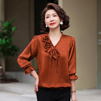 Moteriški ilgomis rankovėmis marškinėliai su V kaklu, poliesteris daugiau nei 95%, vienalytė spalva, elegantiškas stilius, ruduo 2025