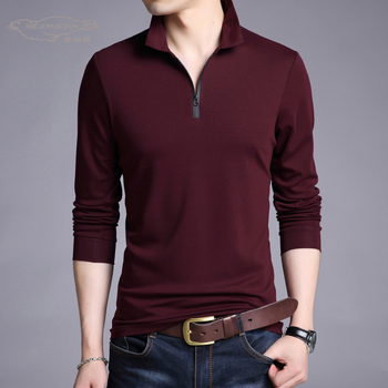 Tricou bărbați în stil coreean, croială Slim, mâneci lungi, guler cu rever, din amestec de bumbac