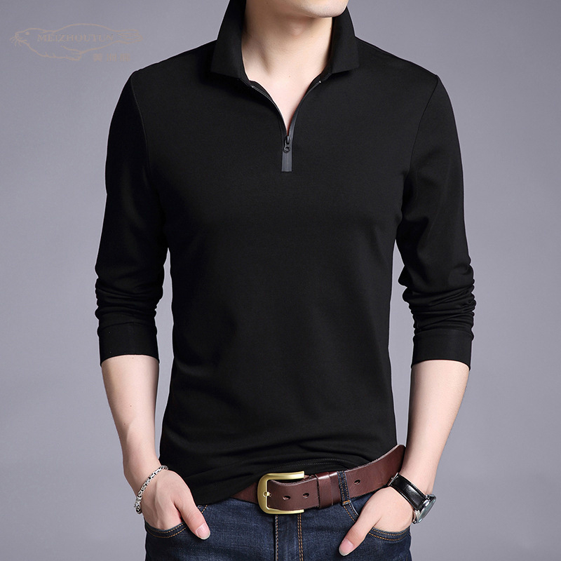 Tricou bărbați în stil coreean, croială Slim, mâneci lungi, guler cu rever, din amestec de bumbac