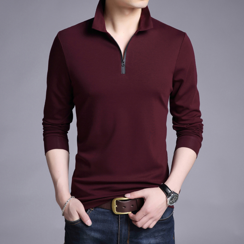 Tricou bărbați în stil coreean, croială Slim, mâneci lungi, guler cu rever, din amestec de bumbac