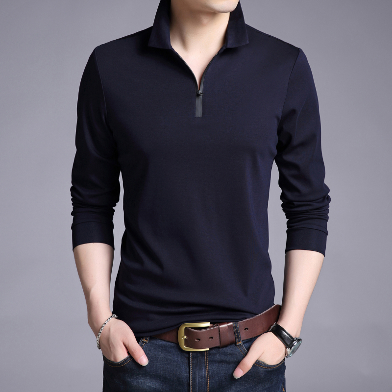 Tricou bărbați în stil coreean, croială Slim, mâneci lungi, guler cu rever, din amestec de bumbac