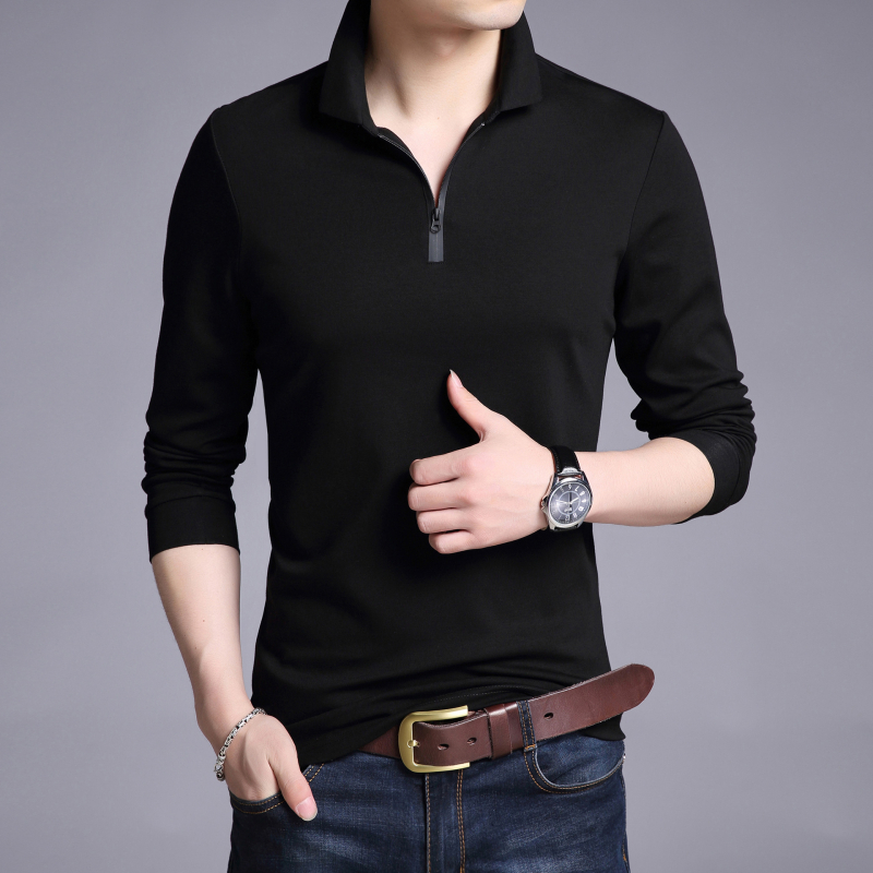 Tricou bărbați în stil coreean, croială Slim, mâneci lungi, guler cu rever, din amestec de bumbac