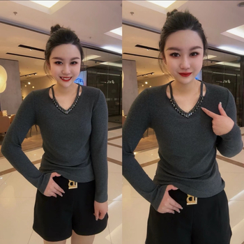 Tricou damă cu decolteu în V, mâneci lungi, broderie, viscoză, oversize