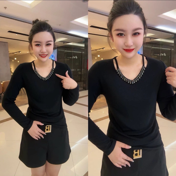 Tricou damă cu decolteu în V, mâneci lungi, broderie, viscoză, oversize