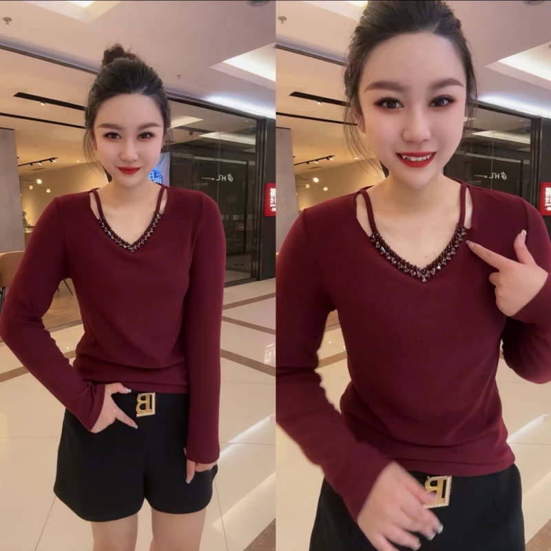 Tricou damă cu decolteu în V, mâneci lungi, broderie, viscoză, oversize