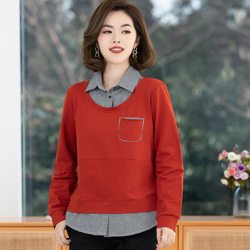 Tricou din bumbac cu mâneci lungi, guler pătrat-rotund, culoare solidă, toamnă 2025.