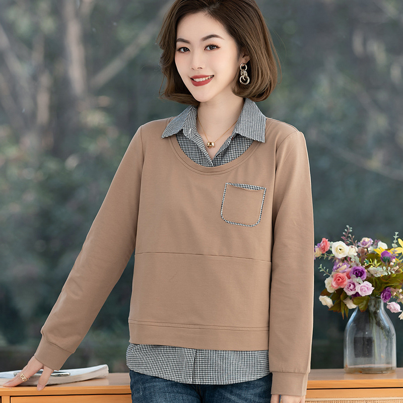 Tricou din bumbac cu mâneci lungi, guler pătrat-rotund, culoare solidă, toamnă 2025.