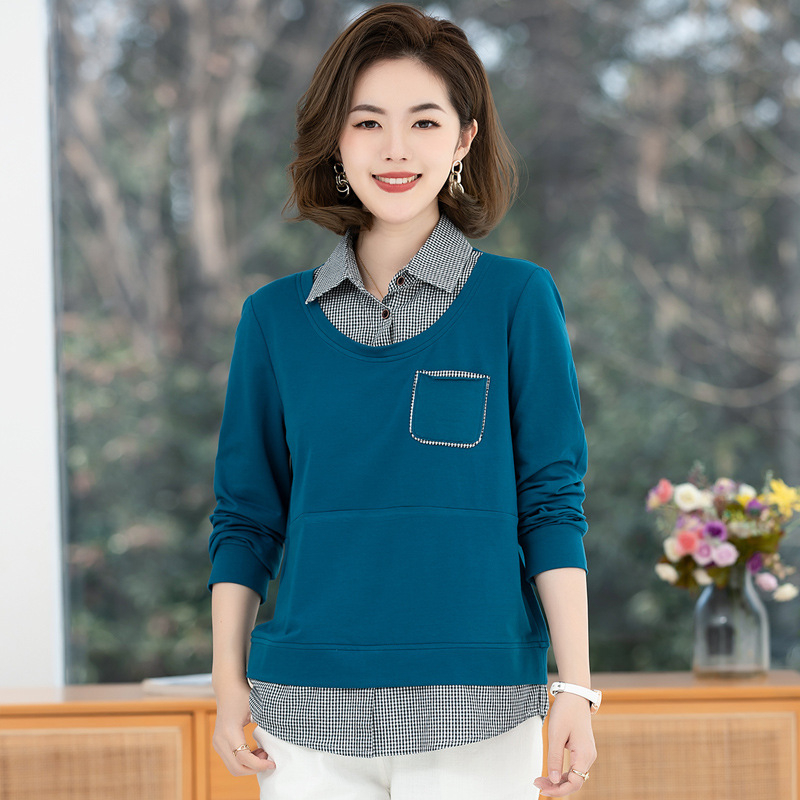 Tricou din bumbac cu mâneci lungi, guler pătrat-rotund, culoare solidă, toamnă 2025.