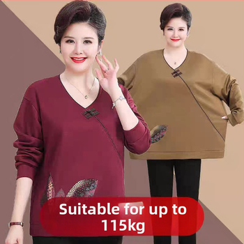 V kaklo ilgomis rankovėmis marškinėliai vidutinio amžiaus moterims, gėlių raštas, vidutinio ilgio laisvas kirpimas, Tr fabric audinys 80-90% Kita ir iki 30% Spandex, Ruduo 2024