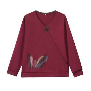 V kaklo ilgomis rankovėmis marškinėliai vidutinio amžiaus moterims, gėlių raštas, vidutinio ilgio laisvas kirpimas, Tr fabric audinys 80-90% Kita ir iki 30% Spandex, Ruduo 2024