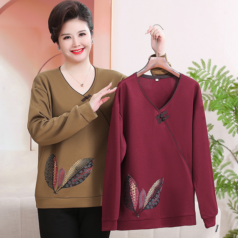 V kaklo ilgomis rankovėmis marškinėliai vidutinio amžiaus moterims, gėlių raštas, vidutinio ilgio laisvas kirpimas, Tr fabric audinys 80-90% Kita ir iki 30% Spandex, Ruduo 2024