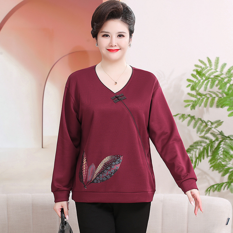 V kaklo ilgomis rankovėmis marškinėliai vidutinio amžiaus moterims, gėlių raštas, vidutinio ilgio laisvas kirpimas, Tr fabric audinys 80-90% Kita ir iki 30% Spandex, Ruduo 2024