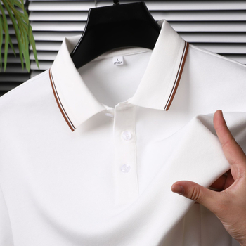 Tricou polo masculin cu mânecă lungă, guler rever, din amestec poliester-pamut-mătase de dud, culoare uni, absorbție a umezelii, fără călcare, pentru primăvară-toamnă