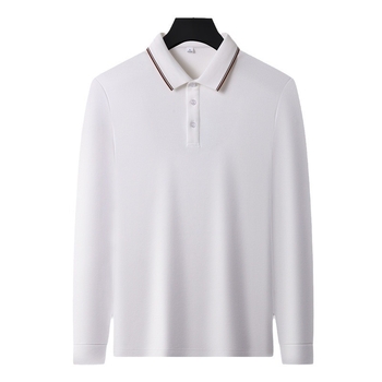 Tricou polo masculin cu mânecă lungă, guler rever, din amestec poliester-pamut-mătase de dud, culoare uni, absorbție a umezelii, fără călcare, pentru primăvară-toamnă