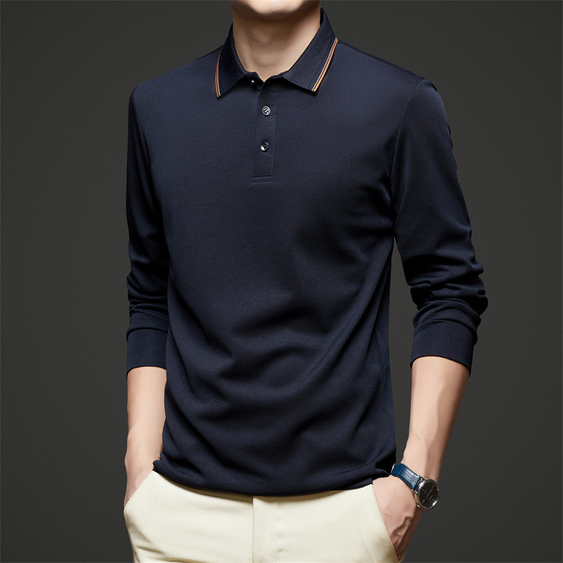 Tricou polo masculin cu mânecă lungă, guler rever, din amestec poliester-pamut-mătase de dud, culoare uni, absorbție a umezelii, fără călcare, pentru primăvară-toamnă