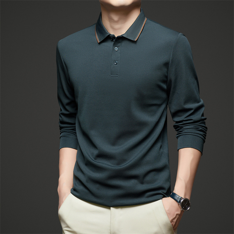 Tricou polo masculin cu mânecă lungă, guler rever, din amestec poliester-pamut-mătase de dud, culoare uni, absorbție a umezelii, fără călcare, pentru primăvară-toamnă