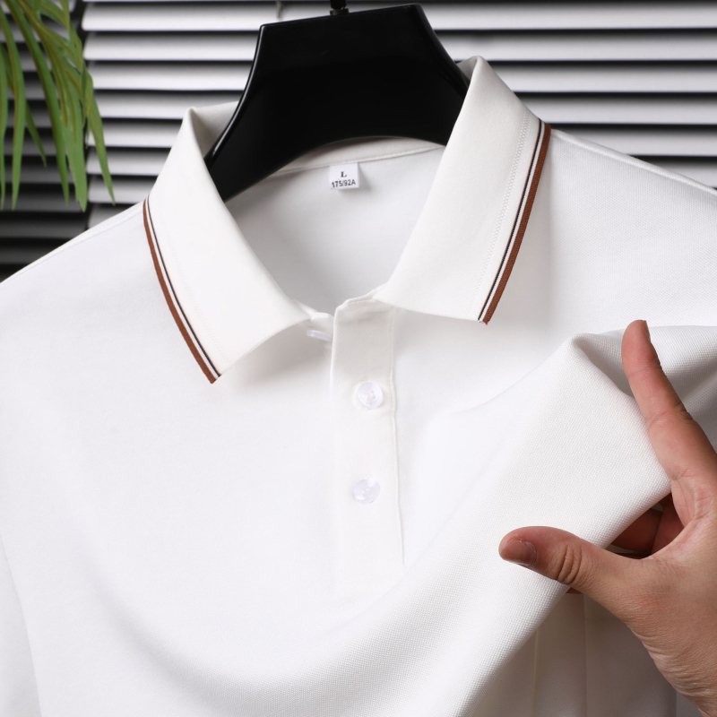 Tricou polo masculin cu mânecă lungă, guler rever, din amestec poliester-pamut-mătase de dud, culoare uni, absorbție a umezelii, fără călcare, pentru primăvară-toamnă