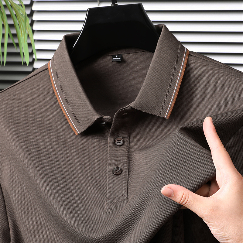 Tricou polo masculin cu mânecă lungă, guler rever, din amestec poliester-pamut-mătase de dud, culoare uni, absorbție a umezelii, fără călcare, pentru primăvară-toamnă